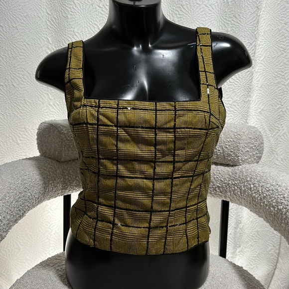 NBD Kent Saffron yellow gold black plaid square neck crop tank top S - Picture 3 of 14